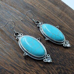 Turquoise Silver Tone Dangly Earrings Southwestern